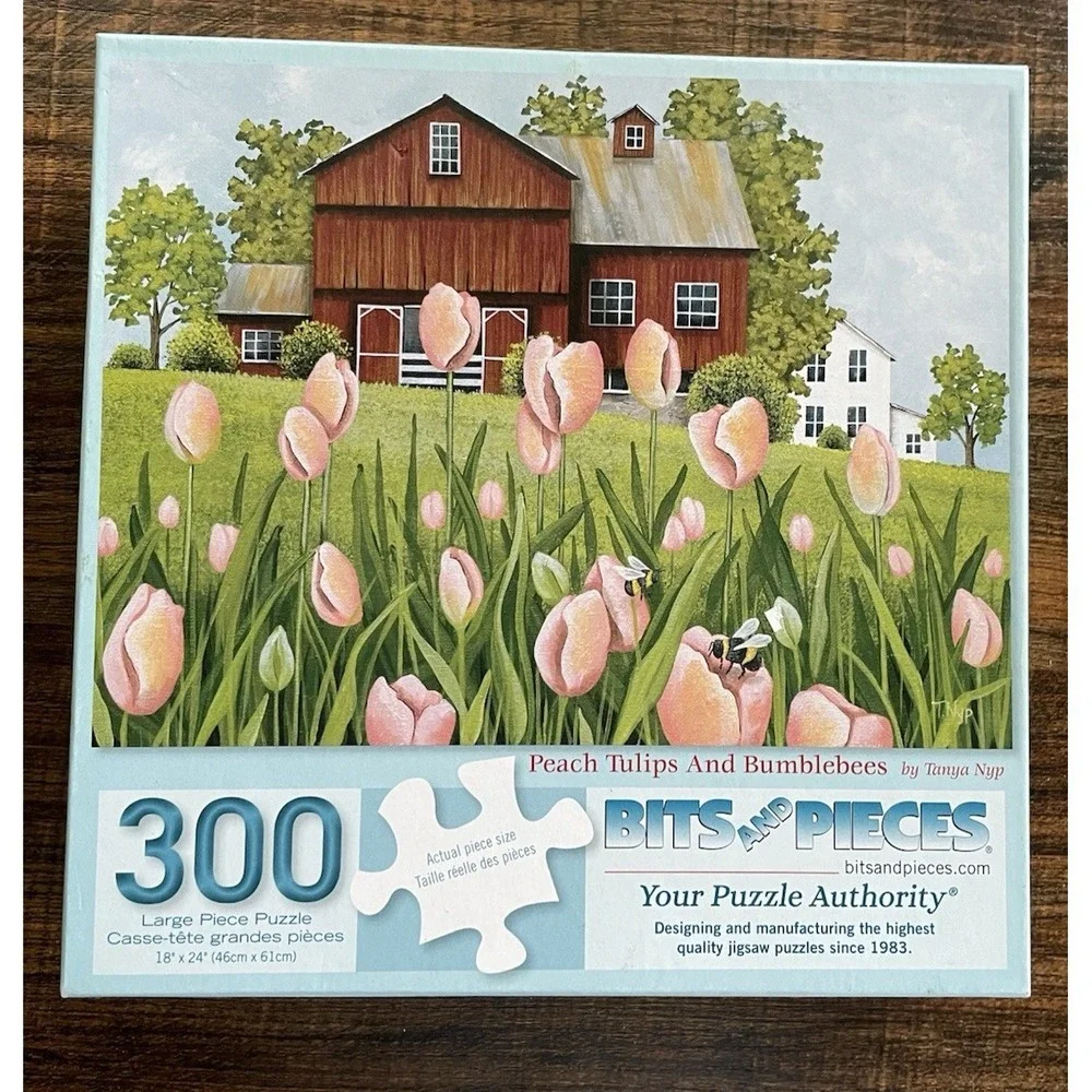 300 Pieces Puzzle Bits and Pieces Peach Tulips and Bumblebees Complete Pre-Owned